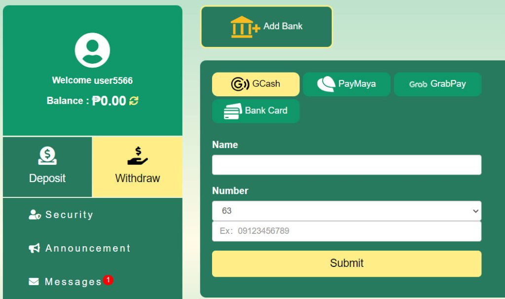 Online withdraw at 8K8 com step 2 After logging in to your account, click "Withdraw"